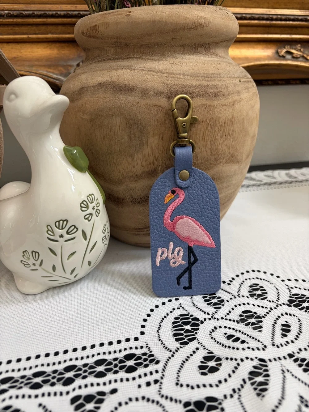 *New* Portland Leather Goods Florida Flair Flamingo Keychain Bag Charm in Aster
